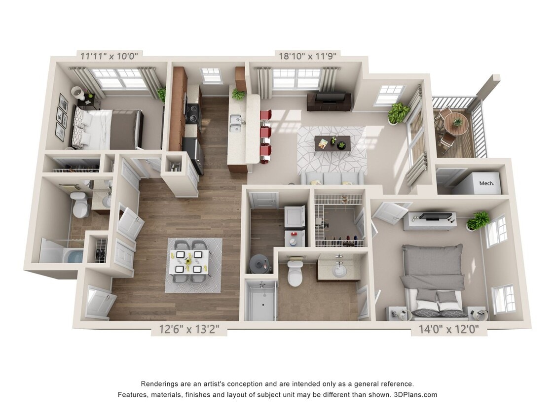 Floor Plan - 1 Bedroom 2 Baths with Den - 1208 