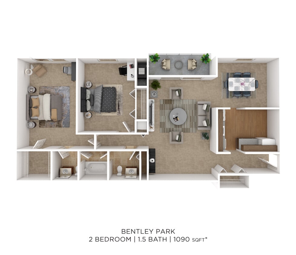 Floor Plan - Two Bedroom 1.5 Bath - 1,090 sqft