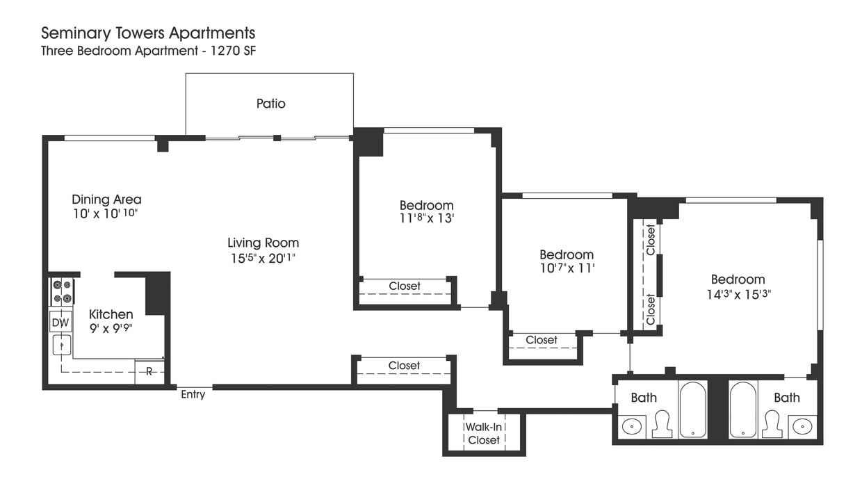 Floor Plan - 3BR 2BA (1270sf)