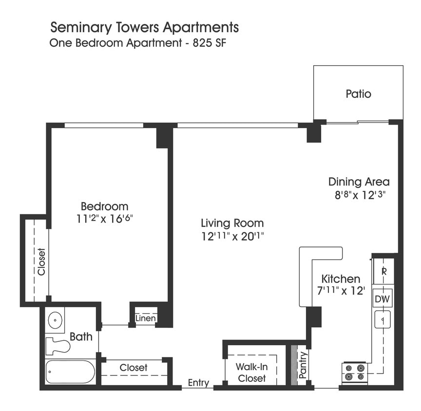 Floor Plan - 1BR 1BA (825sf)