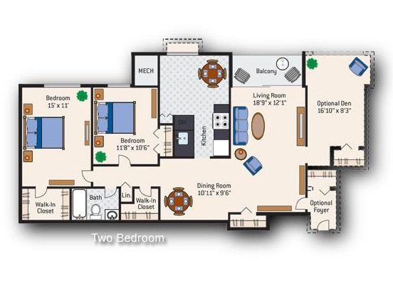 Floor Plan - 2 Bedroom 1 Bath + Den