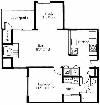 Floor Plan - 1 Bed 1 Bath with Den