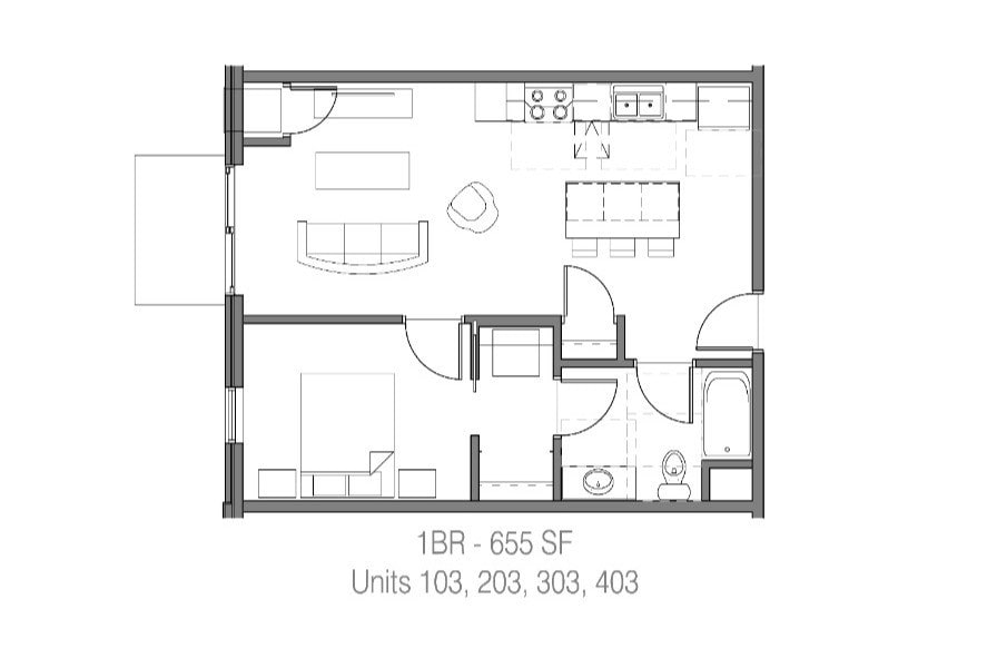 Floor plan for 103; 203; 303; 403. - 1 Bedroom - 03