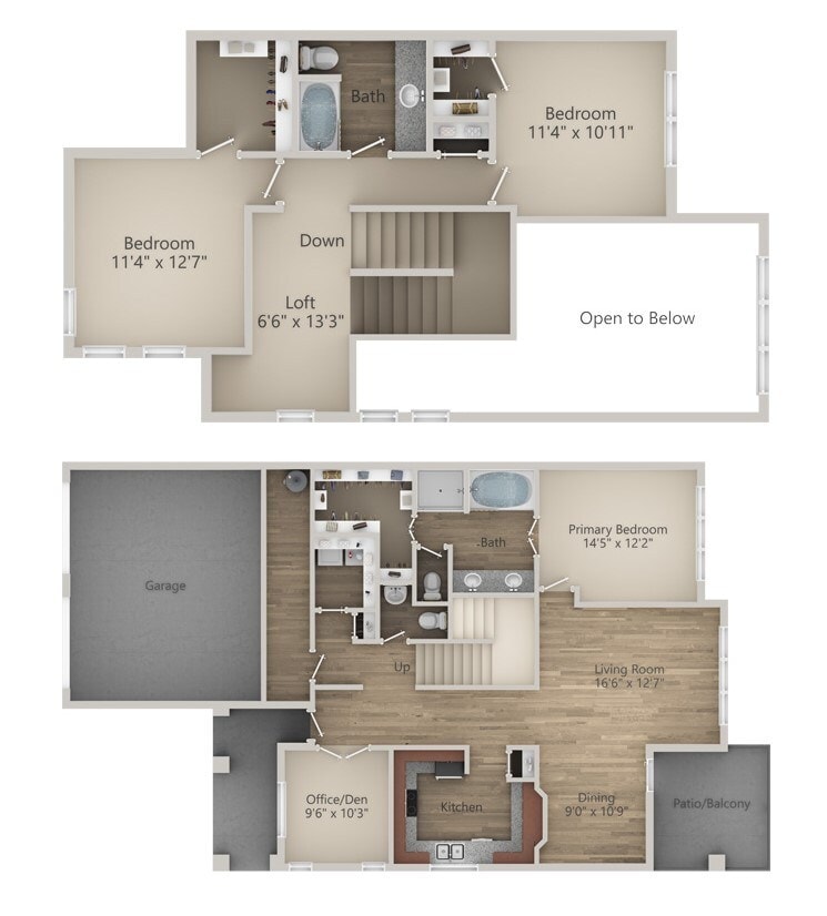 Floor Plan - 3 BR 2.5 Bath Townhouse (2104 sq ft)