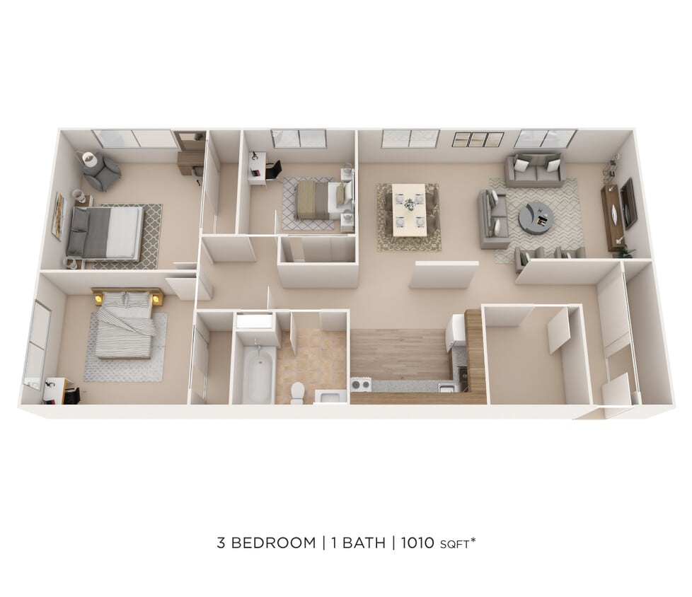 Floor Plan - Three Bedroom- 1,010 sqft