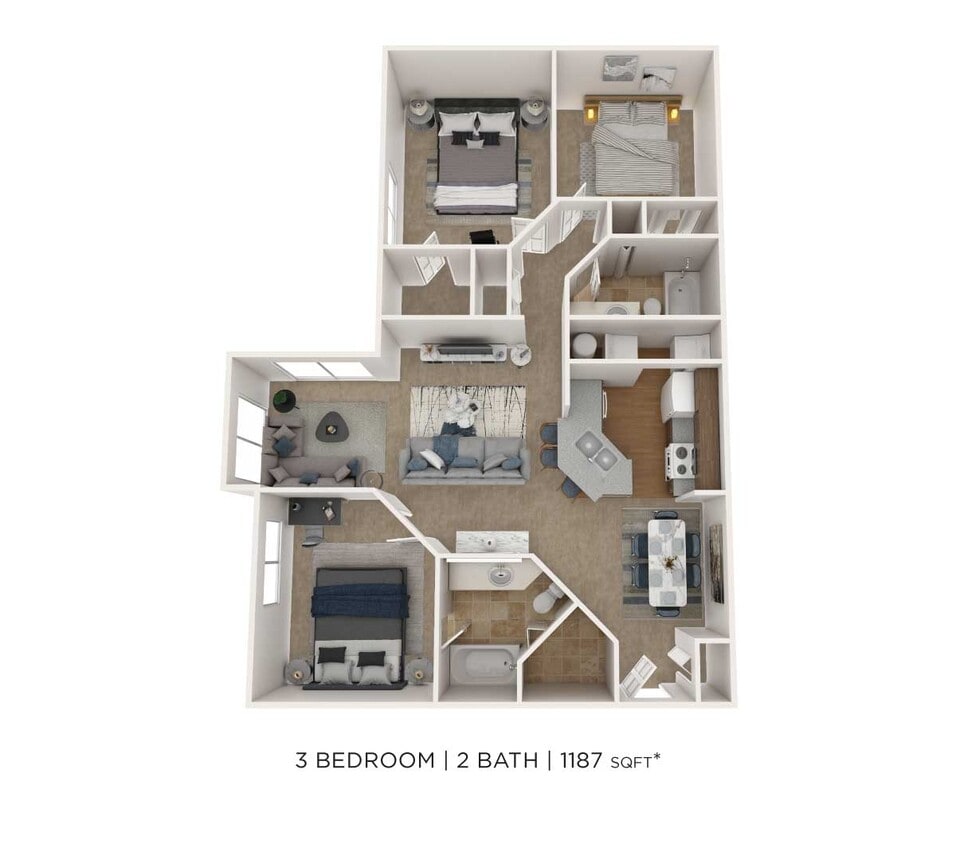 Floor Plan - Three Bedroom 2 Bath- 1187 sqft