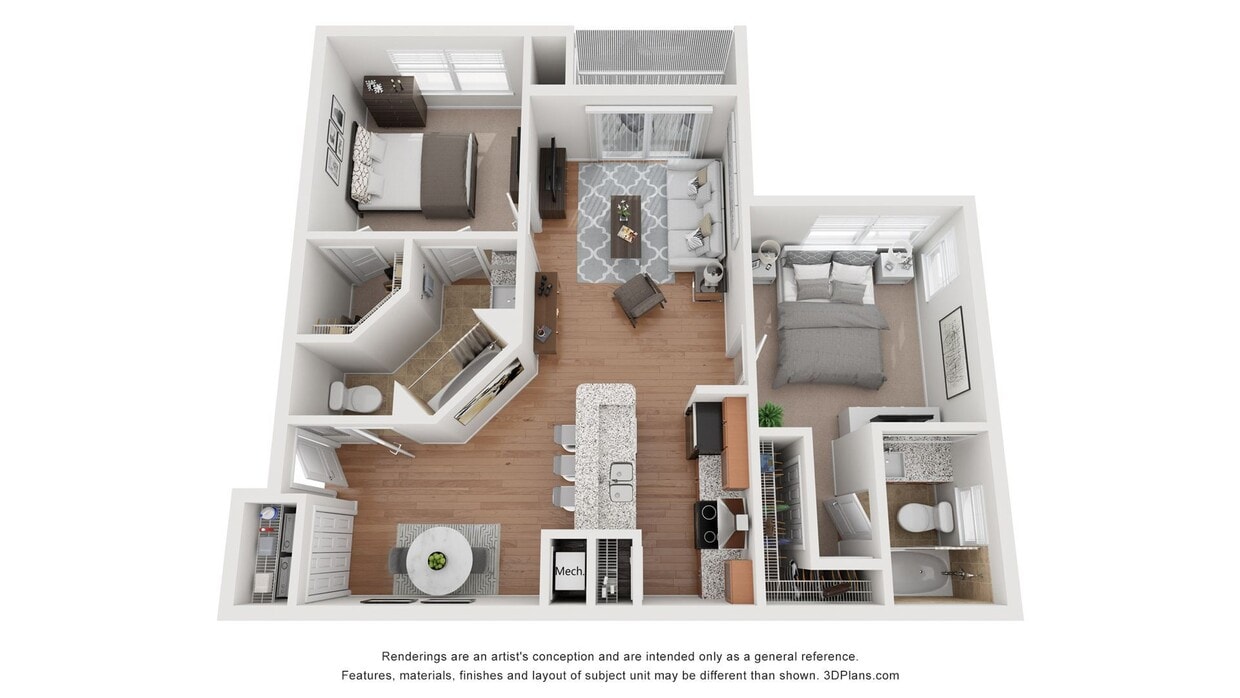 A 3D floor plan rendering of The Gardenia. - Gardenia