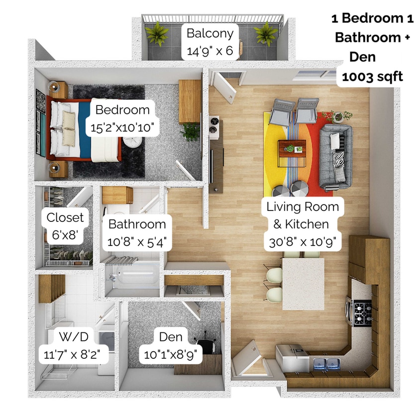 1 Bedroom 1 Bathroom Apartment Floorplan - 1 Bedroom 1 Bathroom + Den Apartment