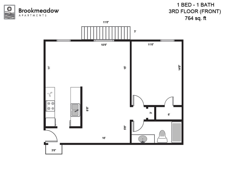 Floor Plan - 1 Bed, 1 Bath - 756 sq ft