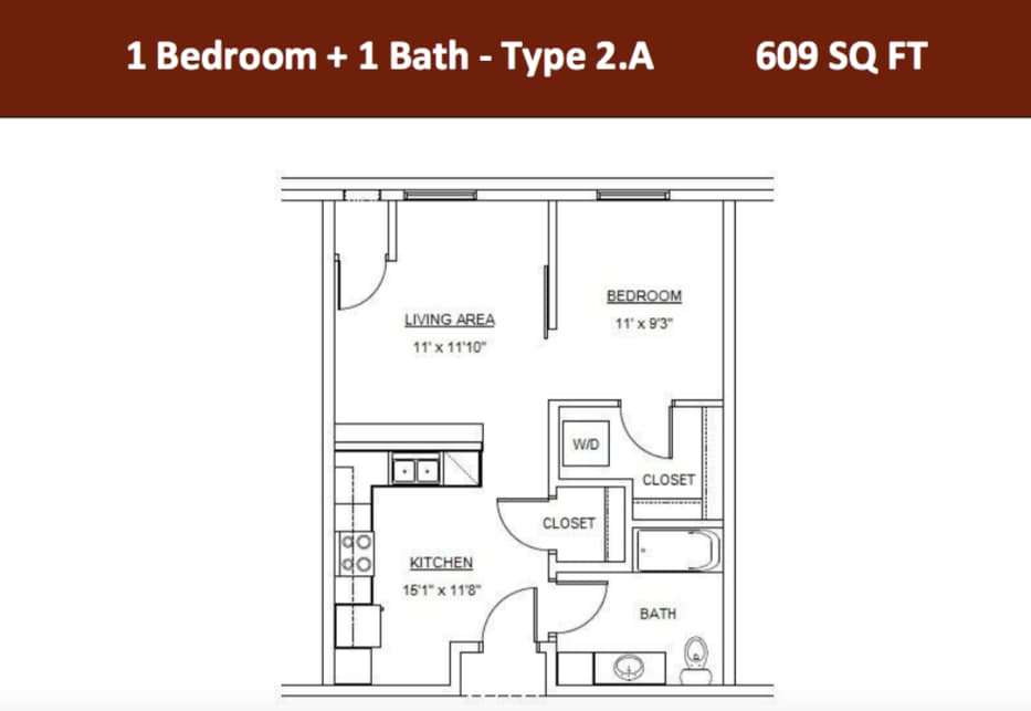 Type 2.A | 609 Square Feet | One Bedroom One Bath - 1 Bedroom - 1 Bath (Type 2.A)