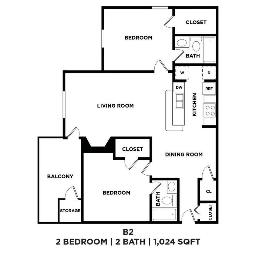 Floor Plan - Two Bed Two Bath 1024 Sqft
