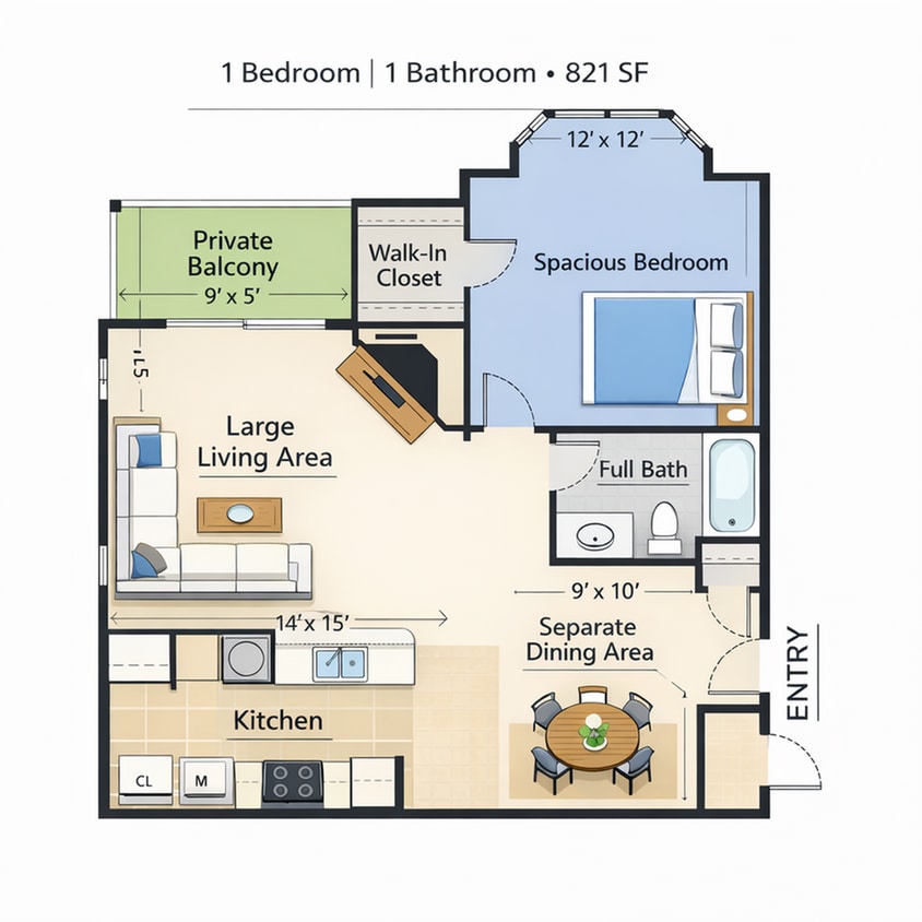 Caledon 1 BR 1 BA Floor Plan - 1 Bed 1 Bath - Silver