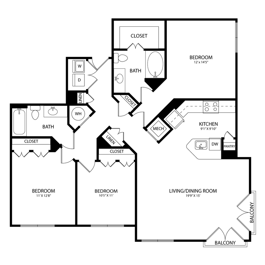 Floor Plan - 3 Bedroom, 2 Bath 1352 SF KD5