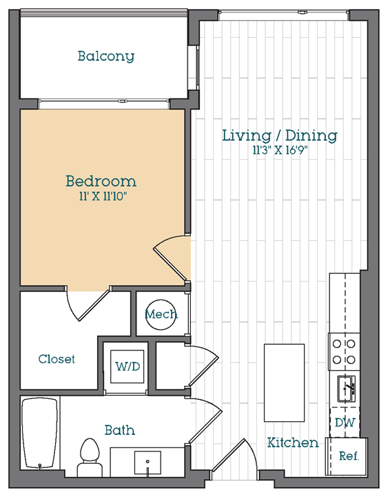 Floor Plan - 1 Bed - 1 Bath | A01