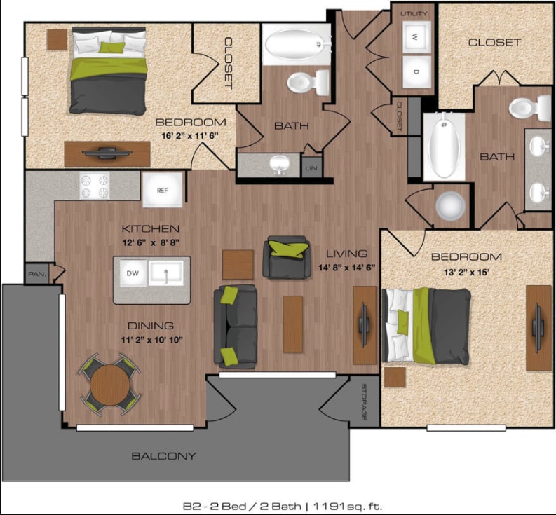 Lakeside Urban Center - B2 - 2 Beds - 2 Baths - 1191 Sq. ft. - B2