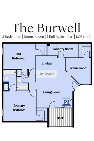 The Burwell Floorplan - 2 bedrooms, Bonus Room, 2 full bathrooms, 1,094 square feet - Burwell