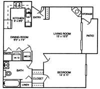 Floor Plan - 1 Bedroom, 1 Bathroom - 750 SF Reno