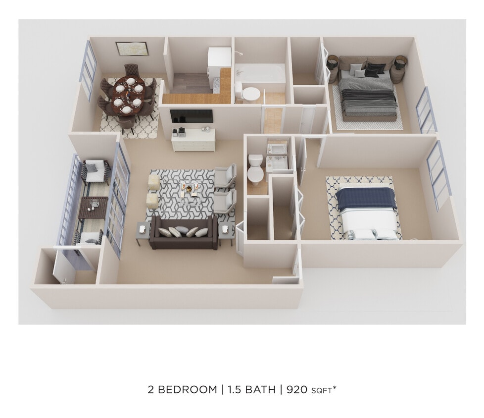 Floor Plan - Two Bedroom 2 Bath - 920 sqft