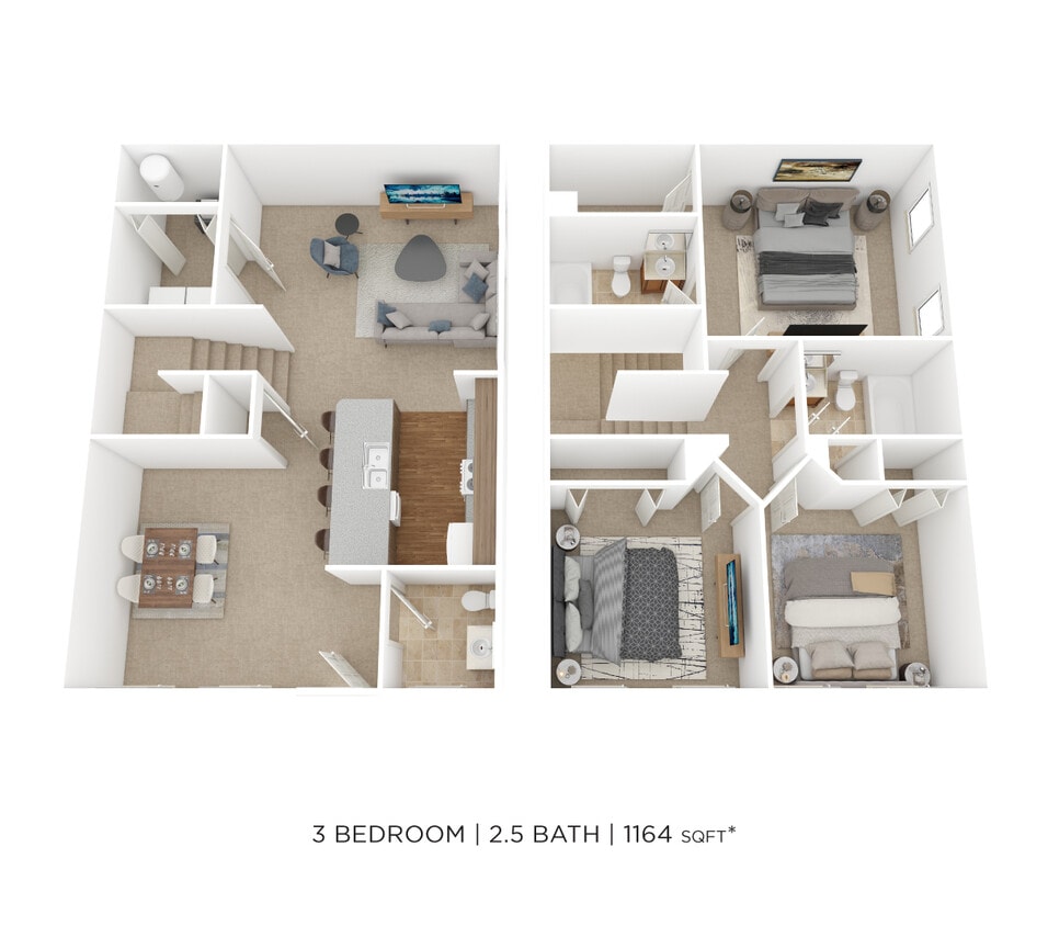 Floor Plan - Two Bedroom 2.5 Bath-1,164 sqft