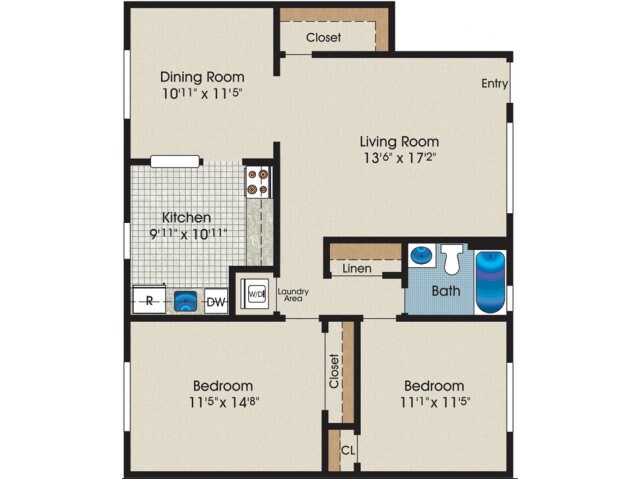 2 Bedroom, 1 Bath 965 sq. ft. - Standard Two Bedroom