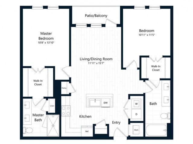 Floor Plan - Two Bedroom Two Bath (1021 SF)