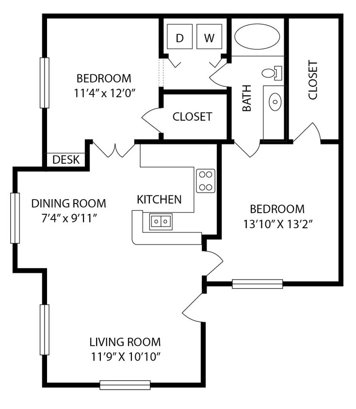 Floor Plan - 2 Bedroom 1 Bath – Style B1