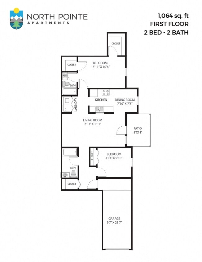 Floor Plan - 2 Bed, 2 Bath - 1,064 sq ft