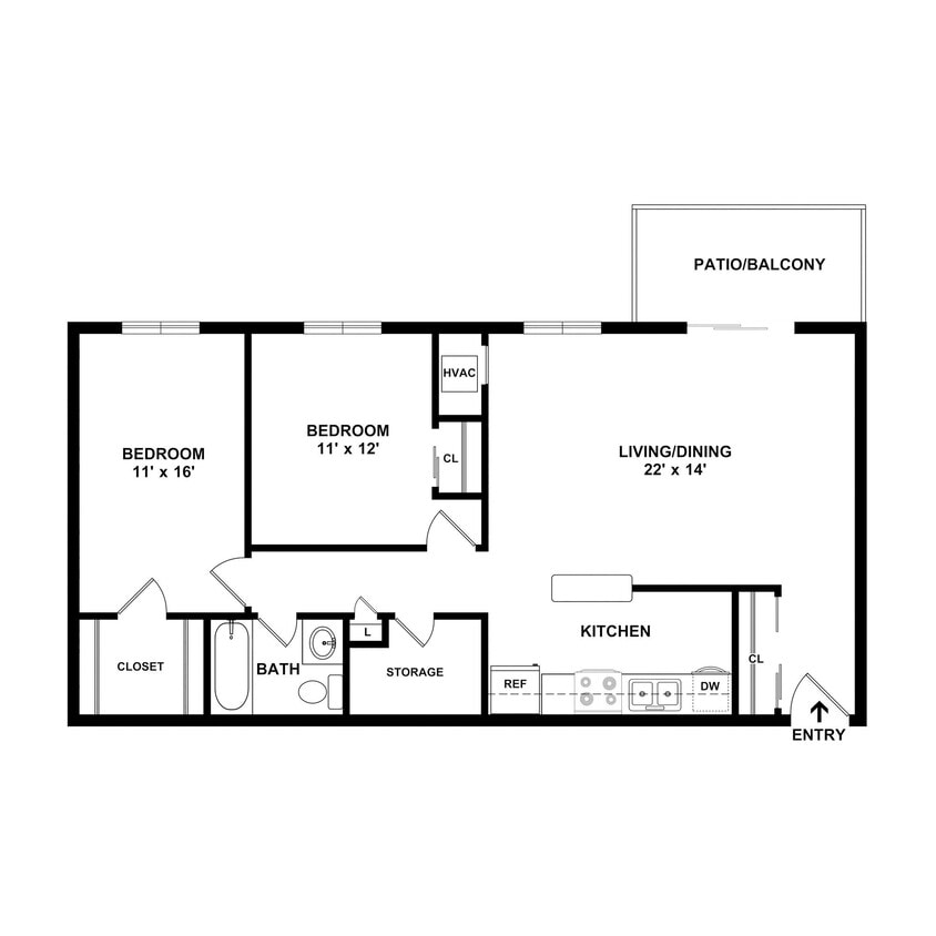 Floor Plan - 2 Bedroom/1 Bath at Parkside