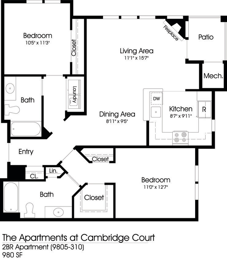 Floor Plan - 2BR 2BA (980sf)