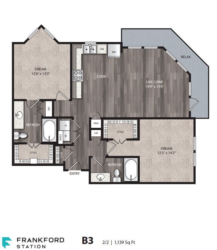 Floor Plan - 2 Bedroom, 2 Bathroom, 1139 SQFT