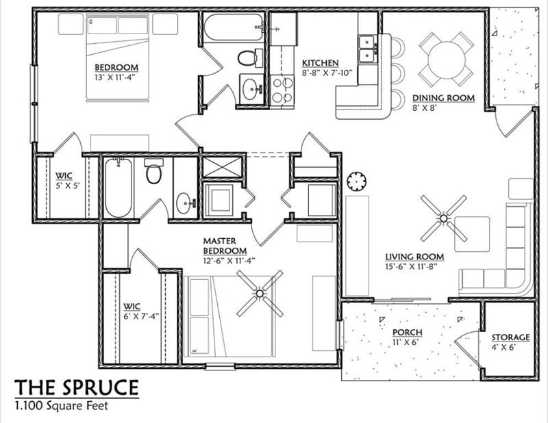 2x2 1100sqft - B2 Floor Plan - Spruce.jpg - B2Mk - 2 Bedroom, 2 Bathroom