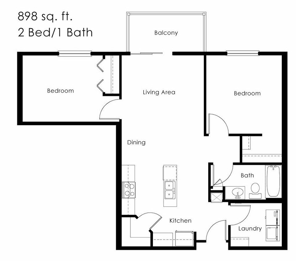 Floor Plan - 2 Bed 1 Bath | 898 sqft