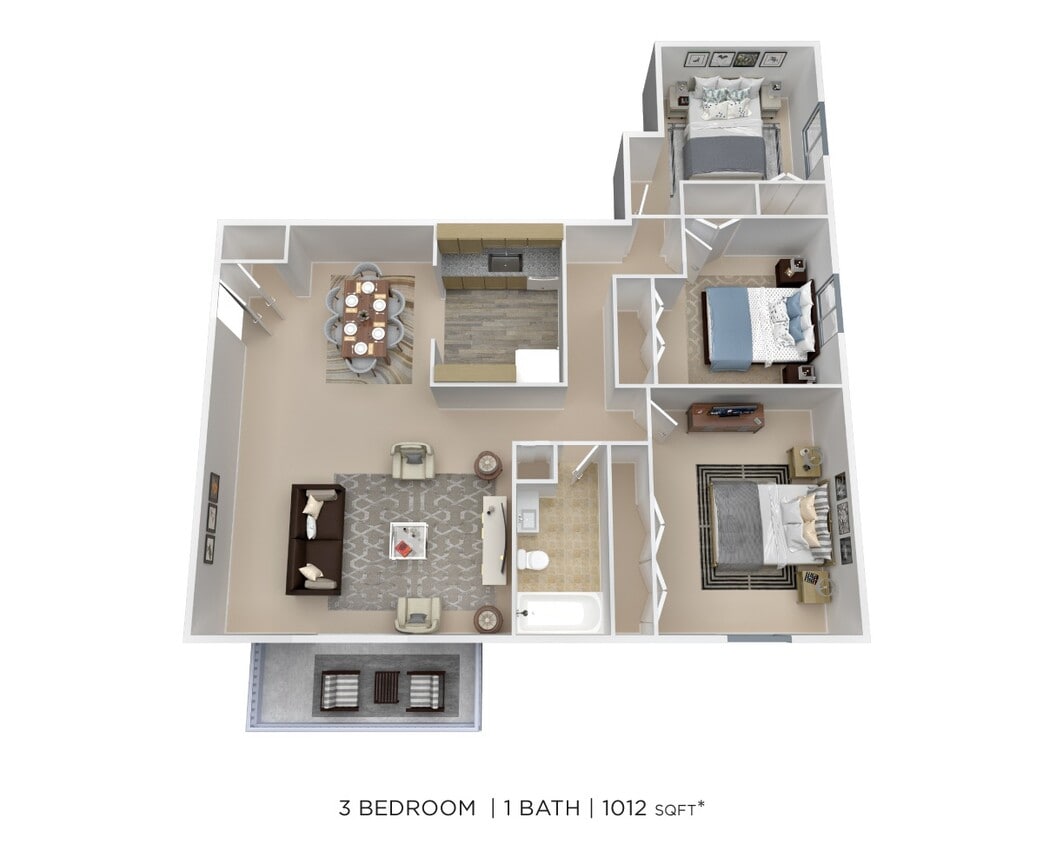 Floor Plan - Three Bedroom - 1,012 sqft