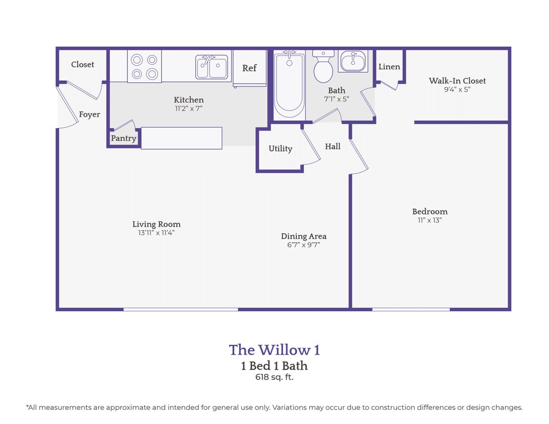 Floor Plan - The Willow-1 bedroom/1 bath