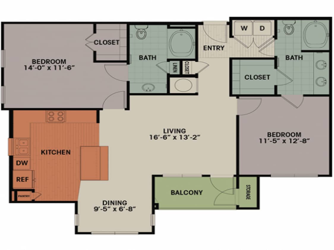 Floor Plan - 2 Bedroom, 2 Bath 1215 sqft B1