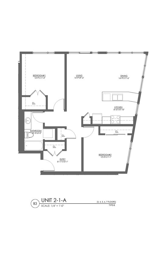 Floor Plan - 2 Bed 1 Bath - 989 sqft