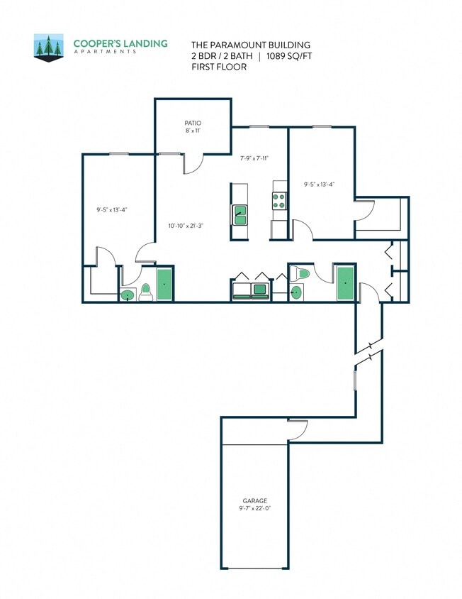 Floor Plan - 2 Bed, 2 Bath - 1089 sq ft