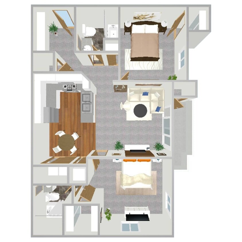 Floor Plan - 2 Bedroom, 2 Bathroom - 950 SF Reno