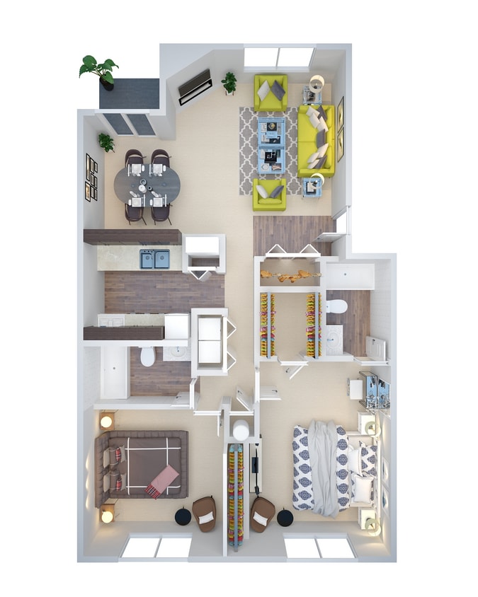 BR_3D_B1_858Sqft.jpg - 2 Bd 2 Bth 858 sf (b1)