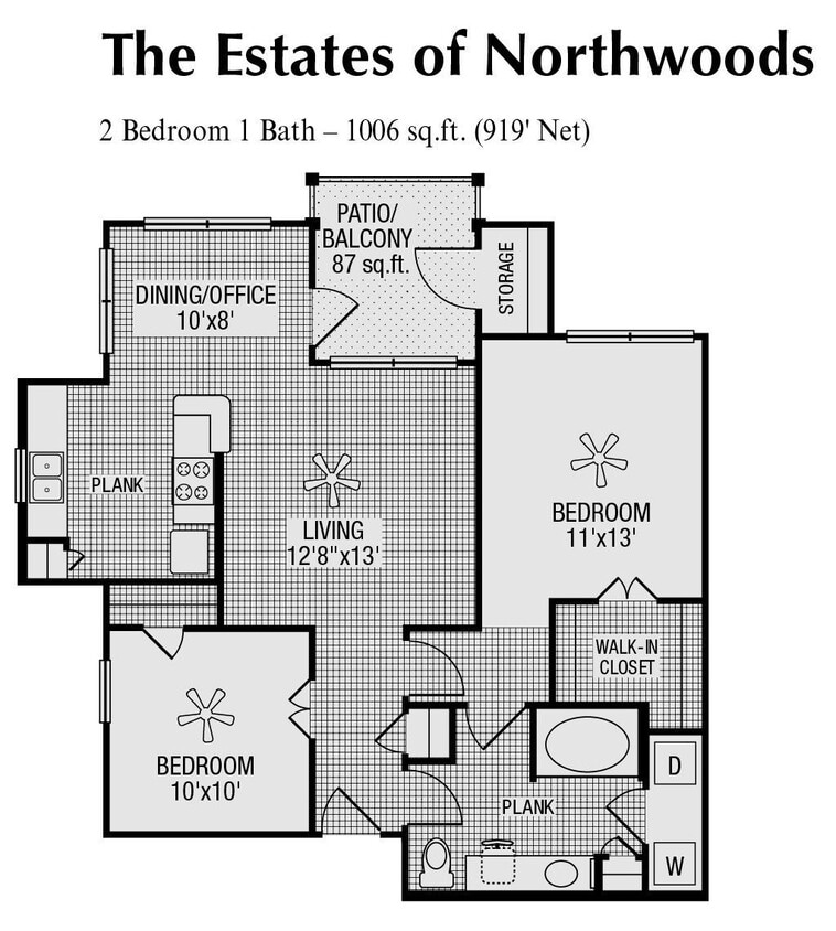 Floor Plan - 2 Bed 1 Bath 1006 SqFt (919 Net)