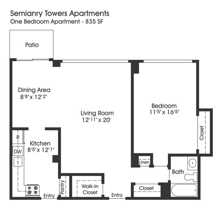 Floor Plan - 1BR 1BA (835sf)