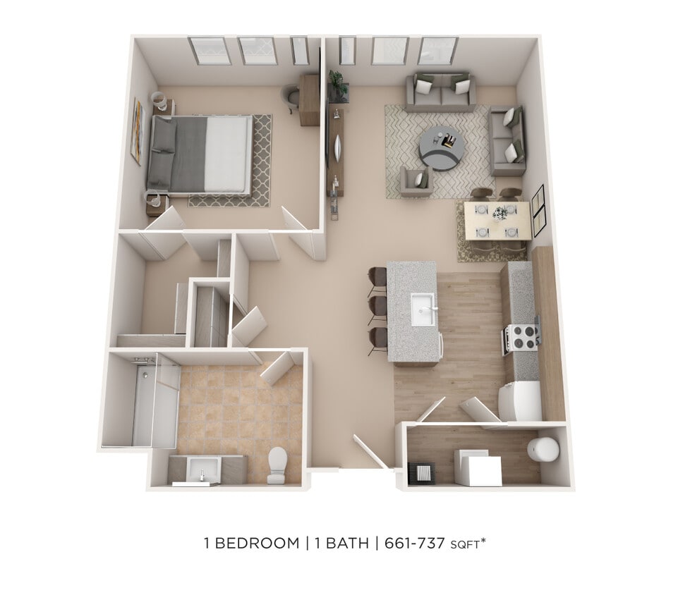 Floor Plan - One Bedroom- 661-737 sqft