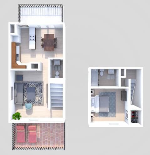 Floor Plan - A3 1 Bedroom 1.5 Bath Townhome