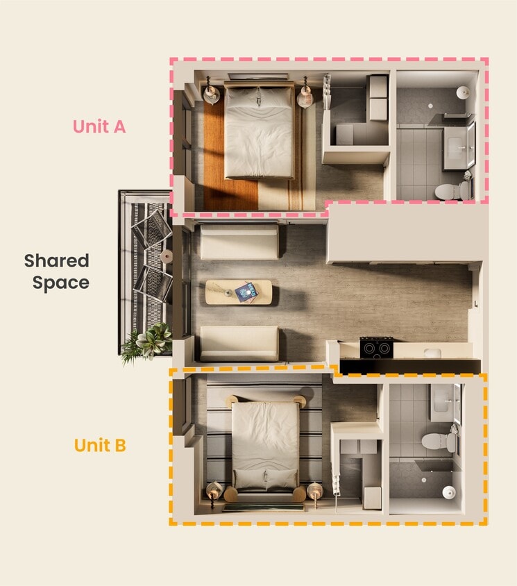 Floor Plan - Cortes Bank 2 - Single Bedroom, Shared Apt
