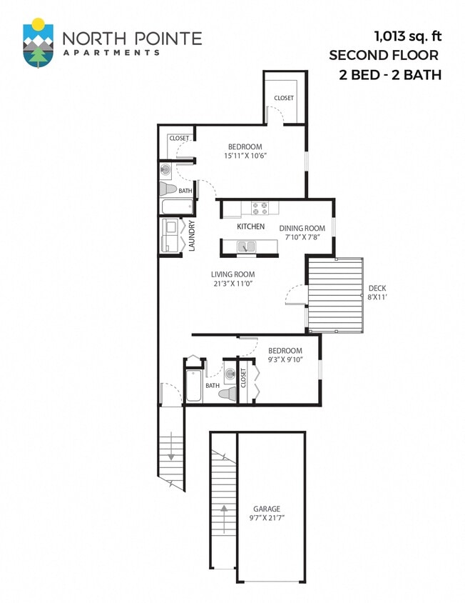 Floor Plan - 2 Bed, 2 Bath - 1,013 sq ft