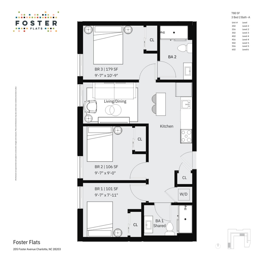 3 Bed 2 Bath - 780 SF - 3 Bed 2 Bath - A