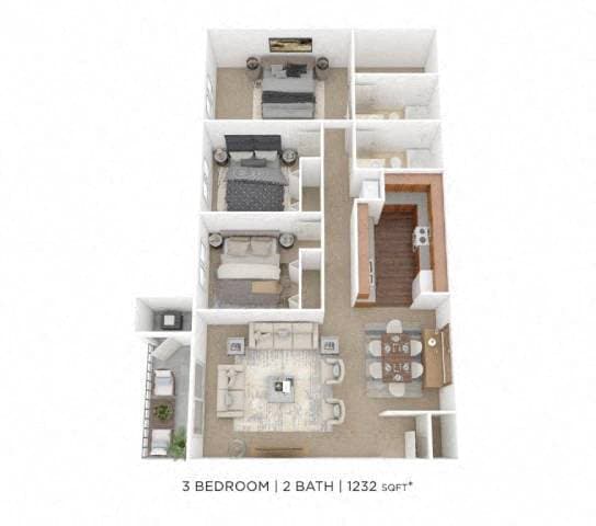 Floor Plan - Three Bedroom 2 Bath - 1,232 sqft