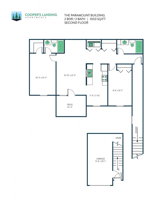 Floor Plan - 2 Bed, 2 Bath - 1003 sq ft