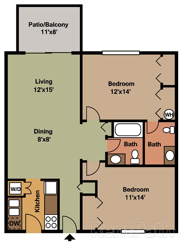 Charming apartment floor plan featuring 2 spacious bedrooms, open living and dining area, cozy kitchen, and inviting patio. - 2b15 - Cayman