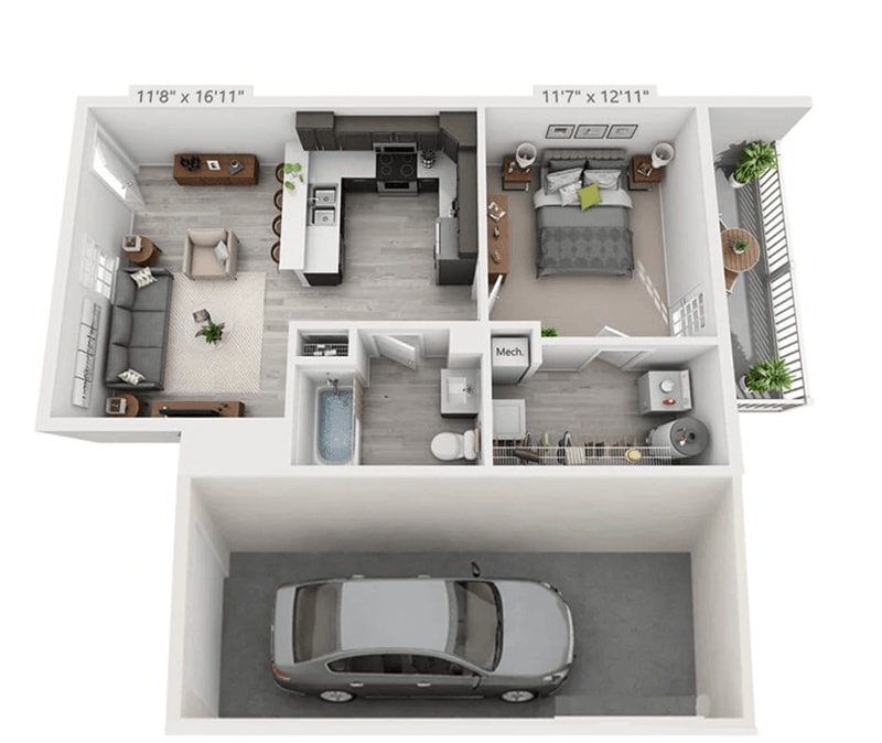 Floor Plan - 1 Bedroom with Attached Garage